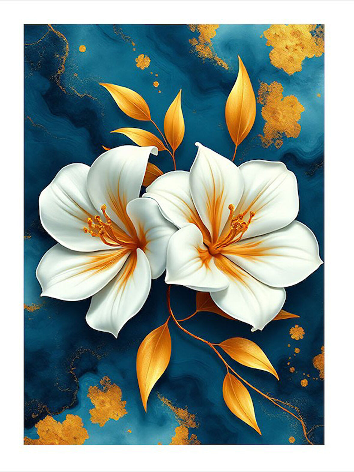 Beyaz Çiçeklerle Sarı Yapraklar Modern Ahşap Tablo