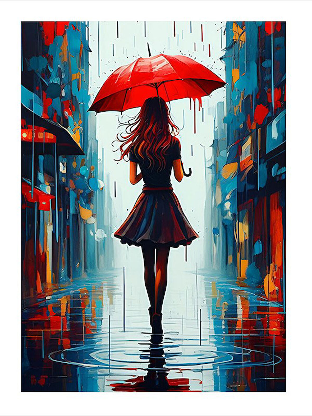 Kırmızı Şemsiyeli Kadın Modern Ahşap Tablo