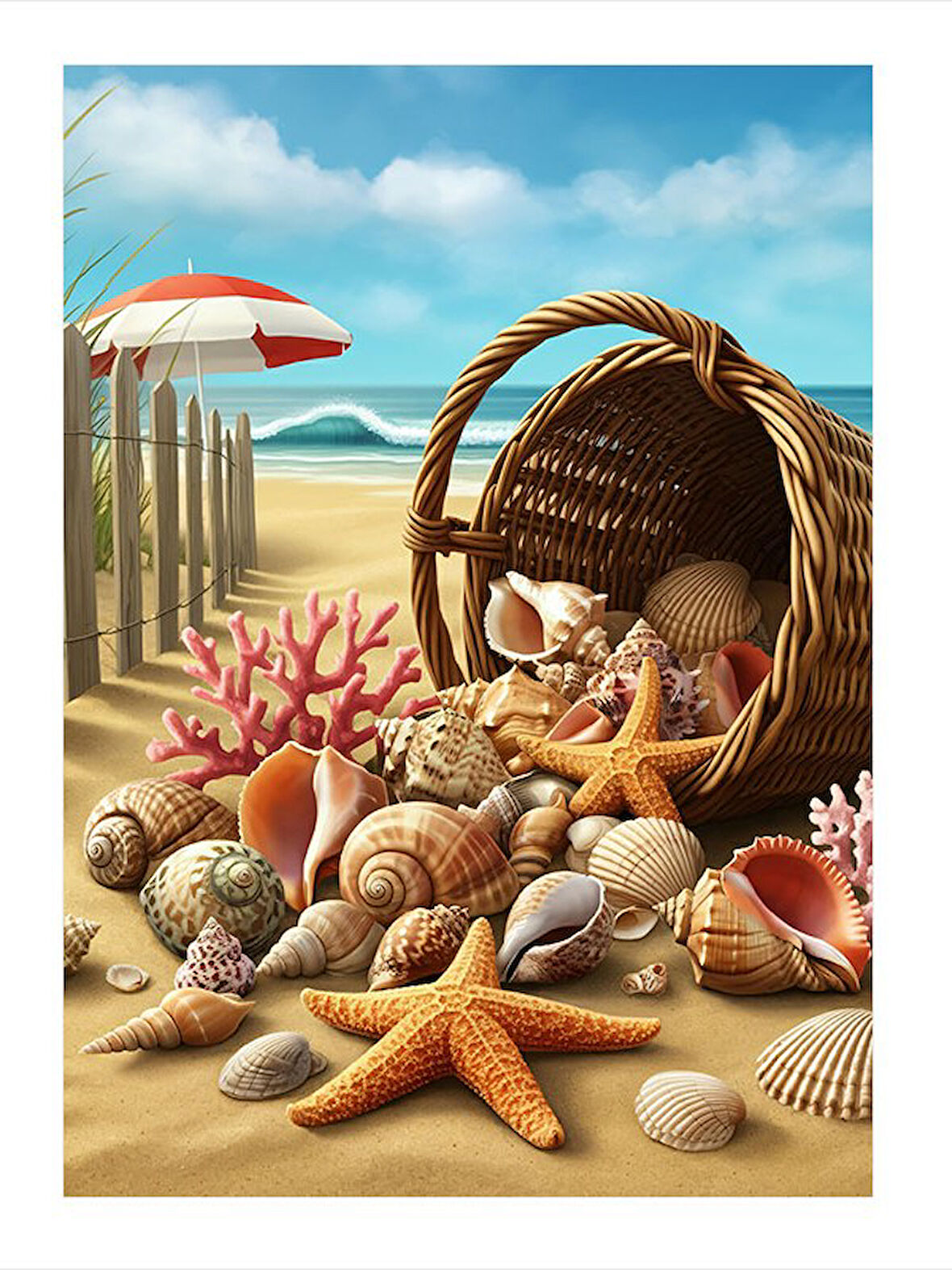 Kumdan Deniz Kabukları Ve Sepet Hediyelik Ahşap Tablo