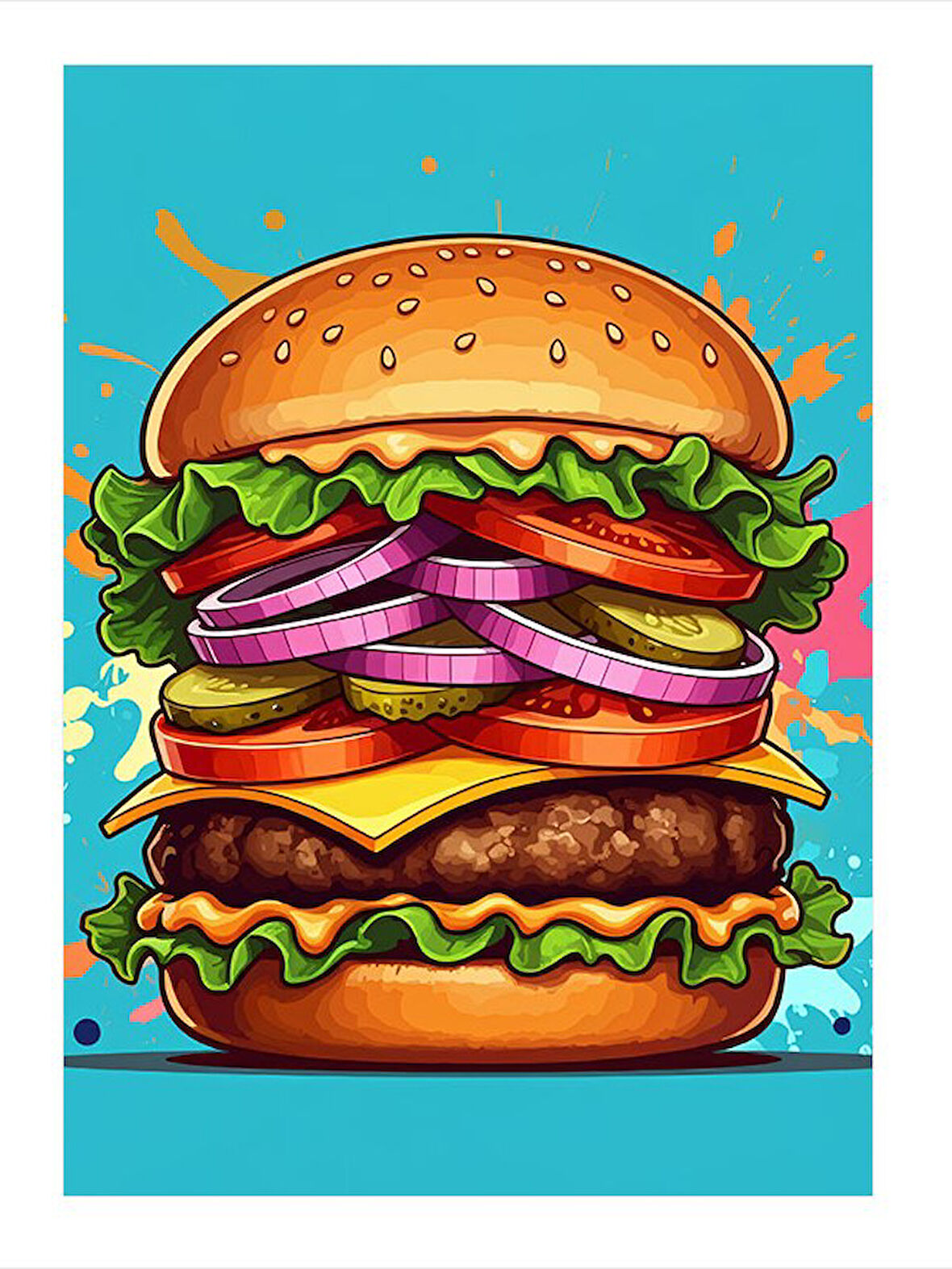 Renkli Burger Çizimi Hediyelik Mdf Tablo