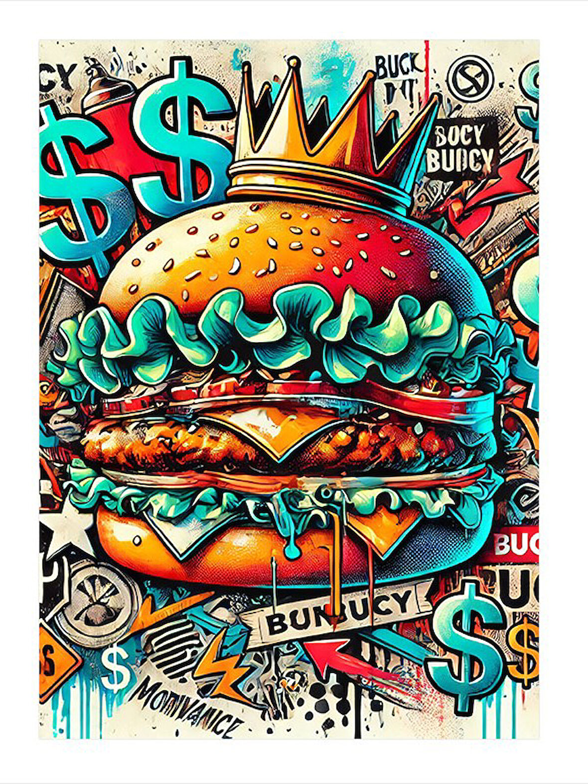 Renkli Fast Food Burger Çizimi Mdf Tablo