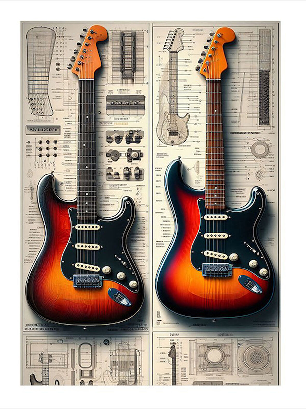 Klasik Elektro Gitar Eskizi Tasarım Ahşap Tablo