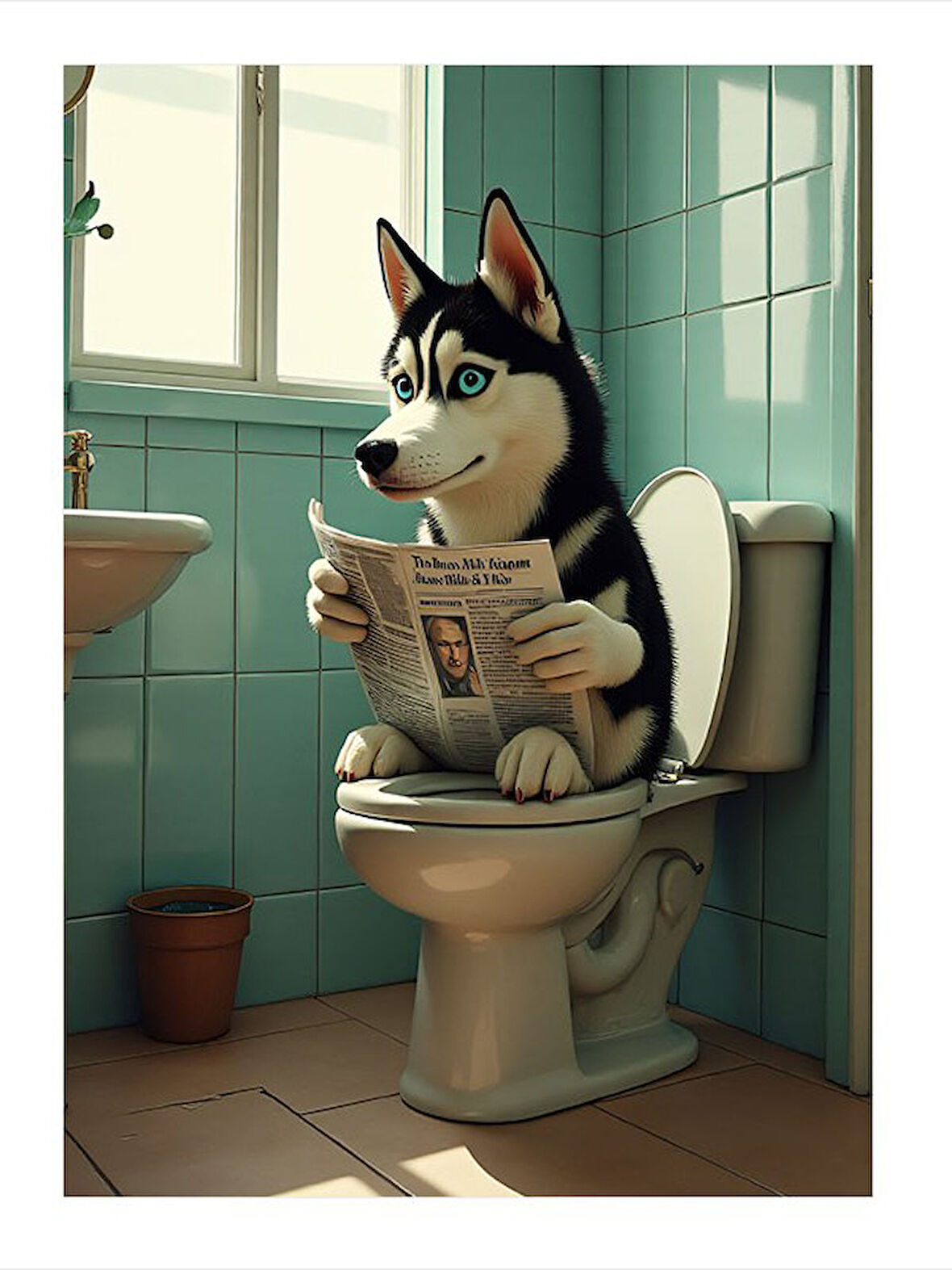 Tuvalette Düşünen Husky Model Ahşap Tablo