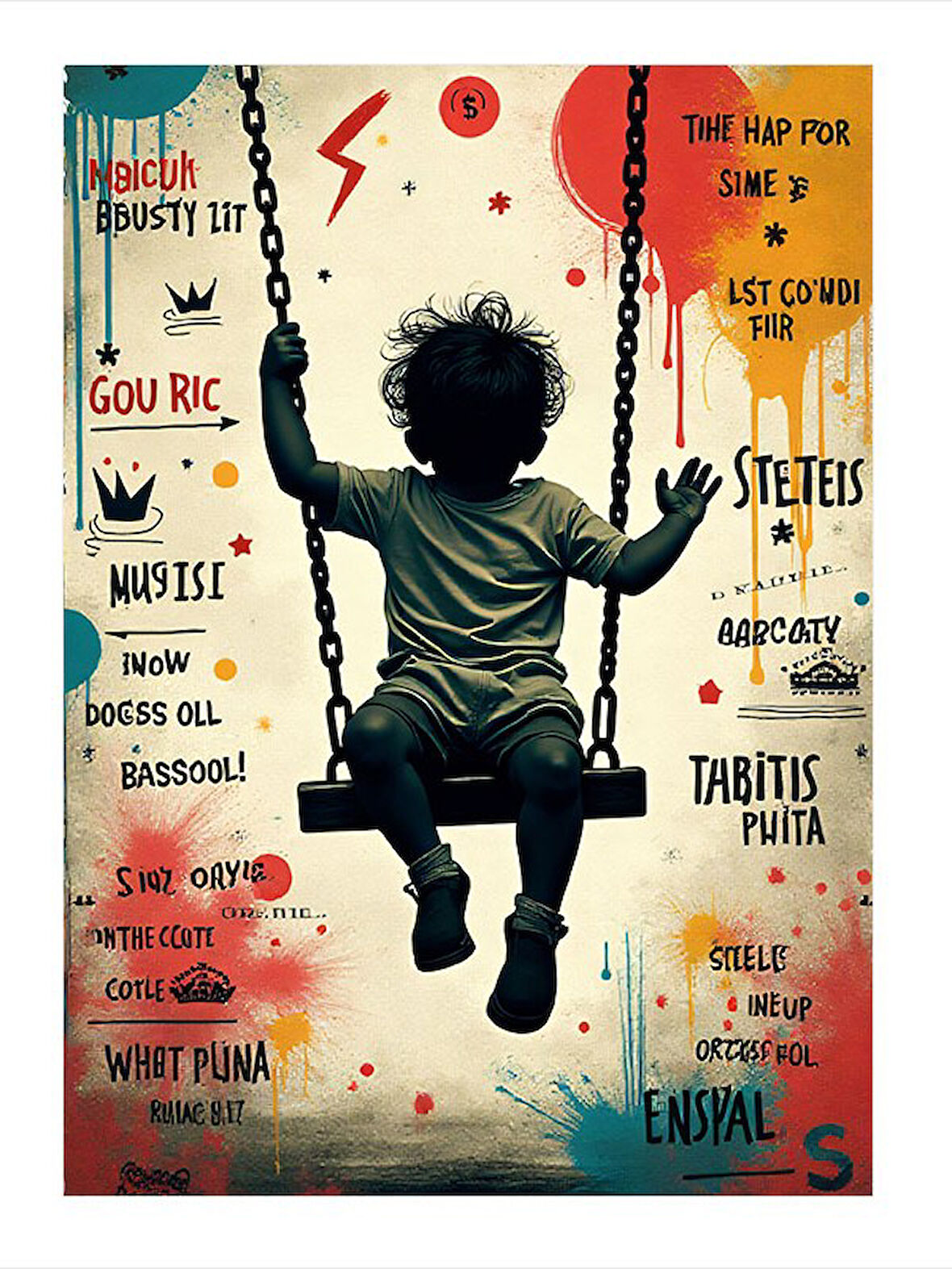 Salıncakta Oturan Çocuk Ve Balıklar Desenli Ahşap Tablo