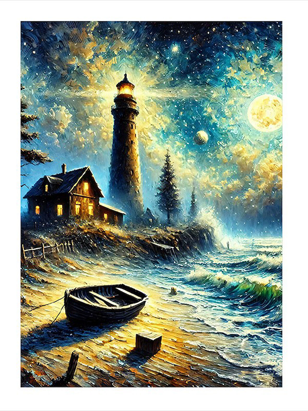 Deniz Feneri Ve Ay Manzarası Dekoratif Mdf Tablo