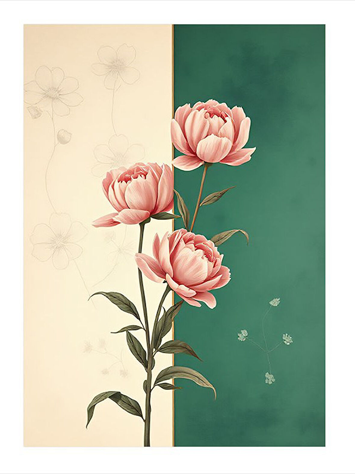 Pembe Güller Ve Yeşil Arka Plan Modern Ahşap Tablo