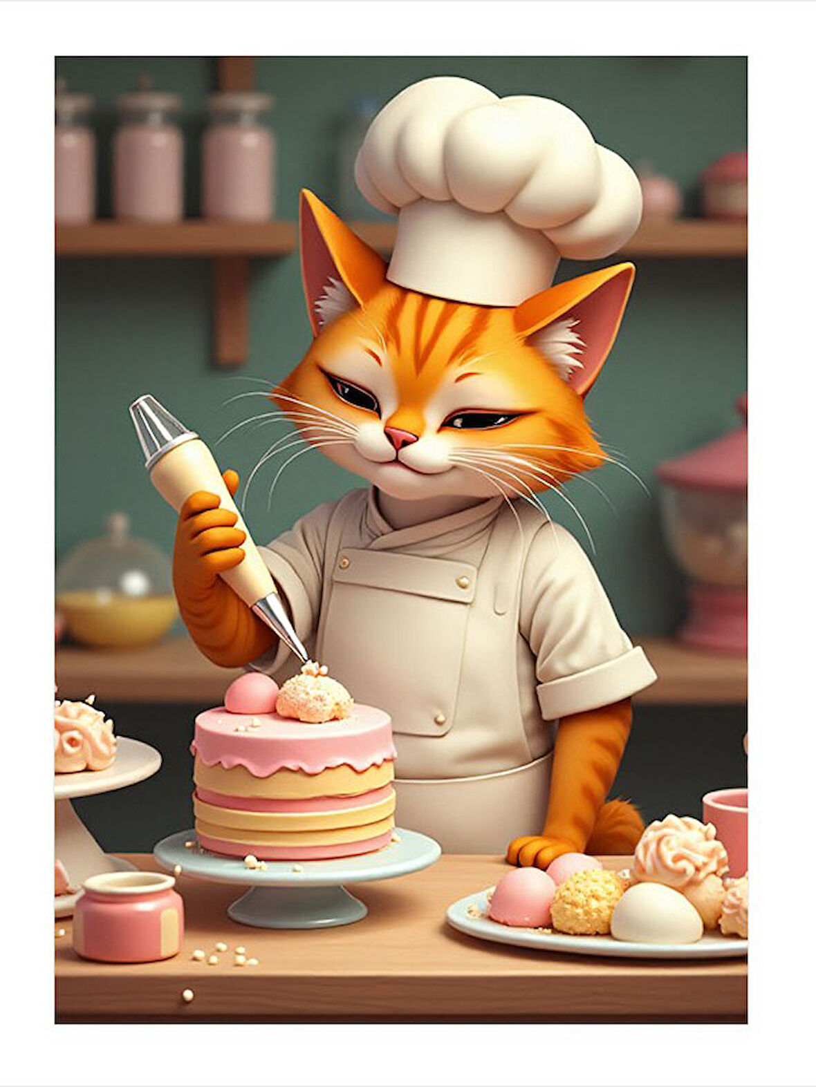 Tatlı Yapan Şef Kedi Modern Ahşap Tablo