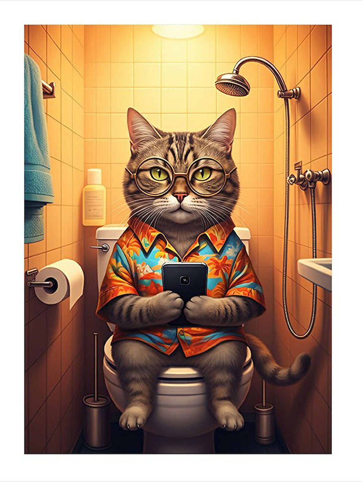 Tuvalette Gözlüklü Kedi Tasarım Ahşap Tablo