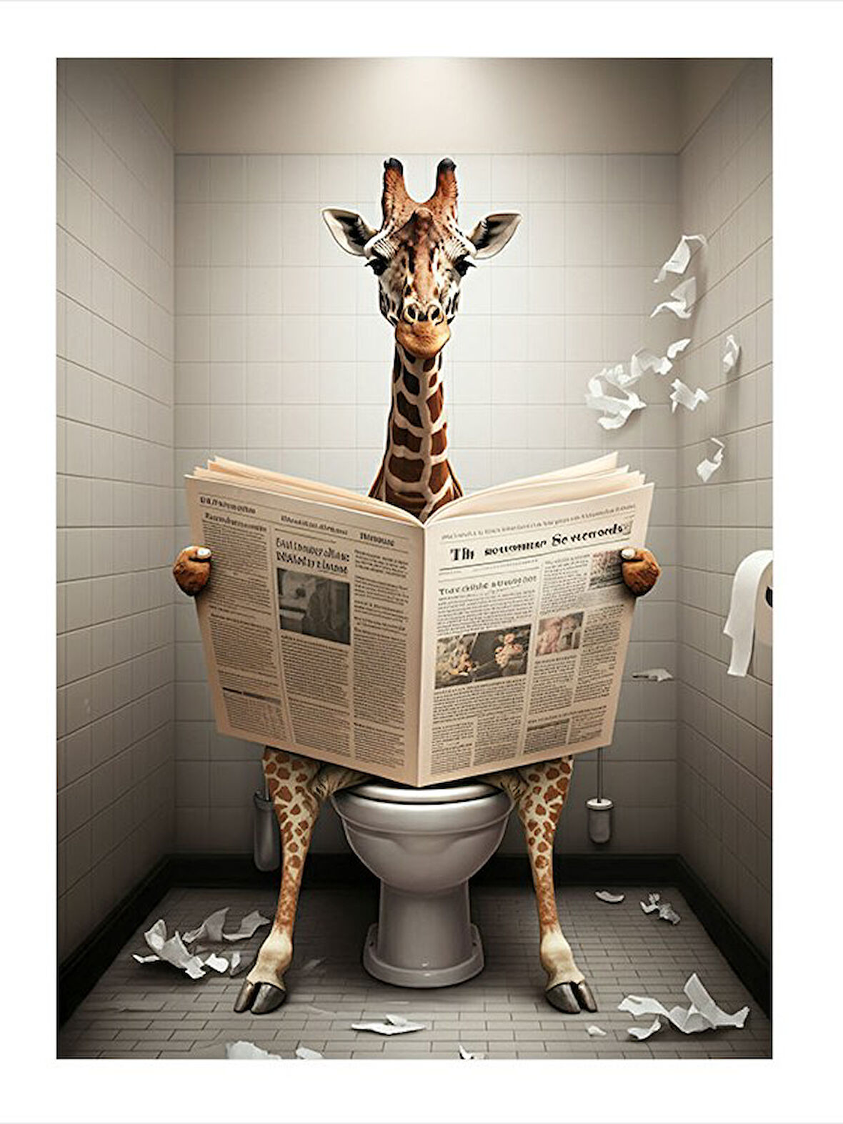 Tuvalette Gazete Okuyan Zürafa Desenli Ahşap Tablo