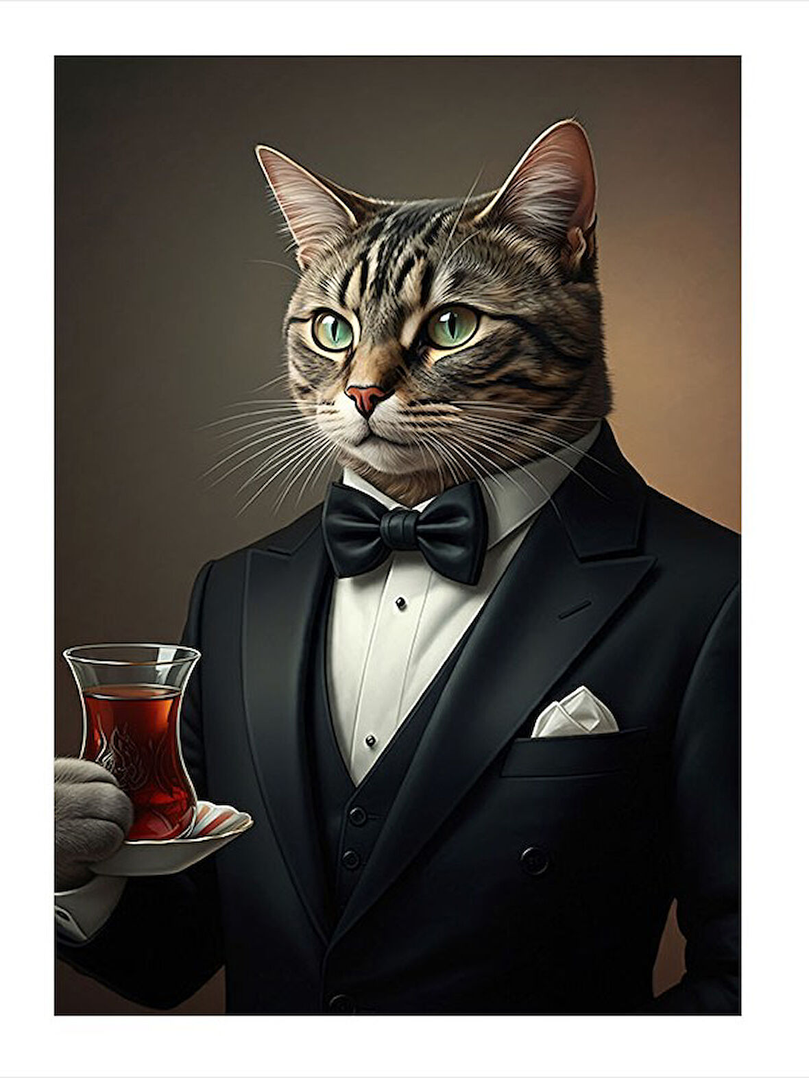 Şık Kedinin Zarafeti Ve Çay Tasarım Mdf Tablo