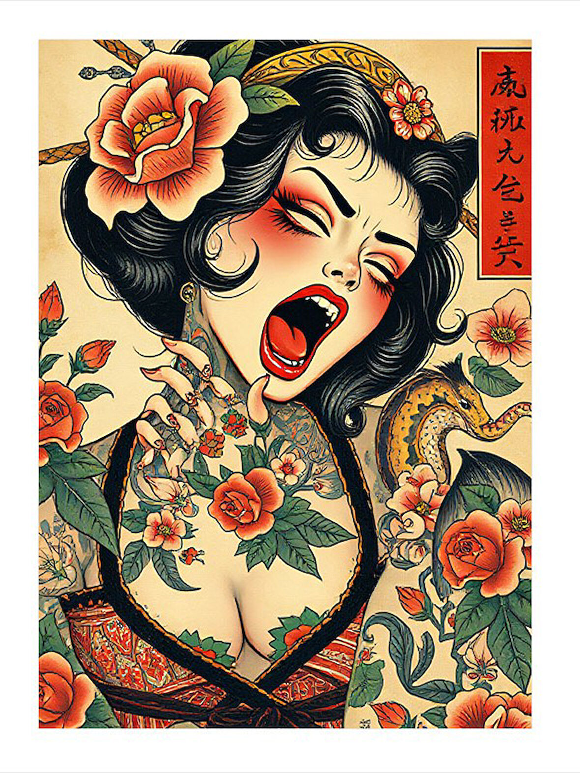 Japon Güzeli Ve Çiçek Dekoratif Mdf Tablo