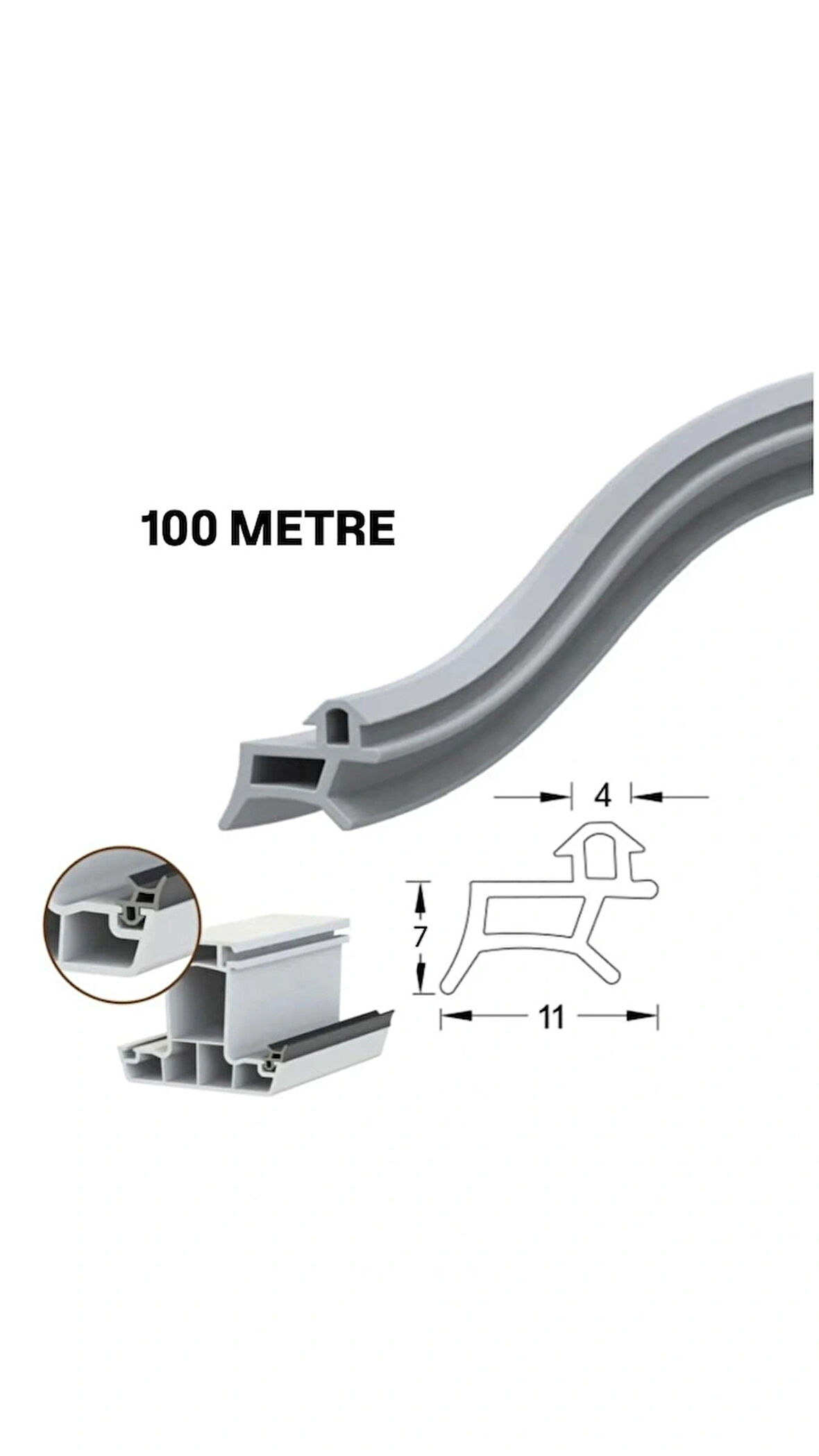 PVC kapı ve pencere fitili 100 metre gri