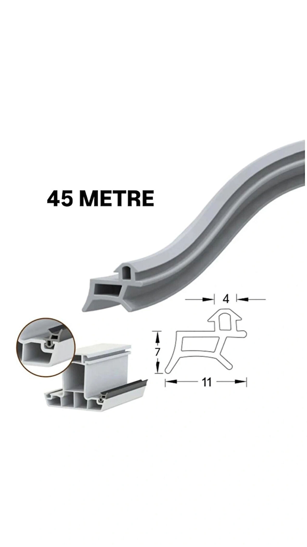PVC kapı ve pencere fitili 45 metre gri