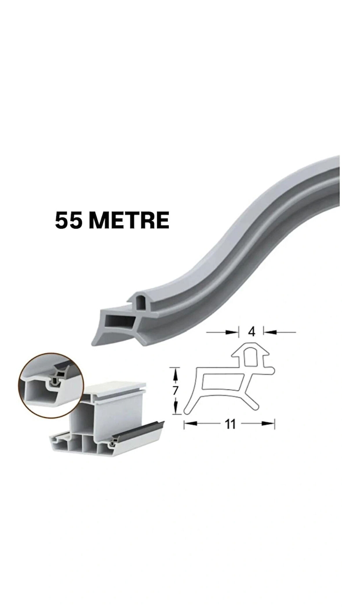 PVC kapı ve pencere fitili 55 metre gri