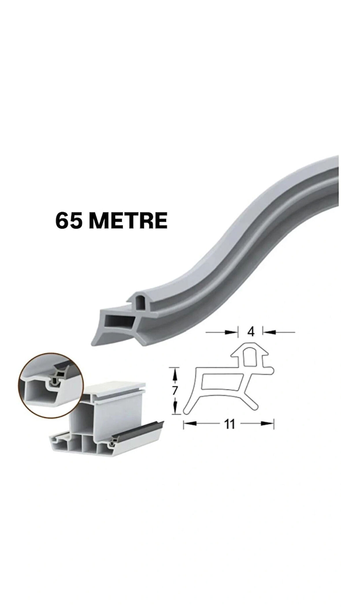 PVC kapı ve pencere fitili 65 metre gri