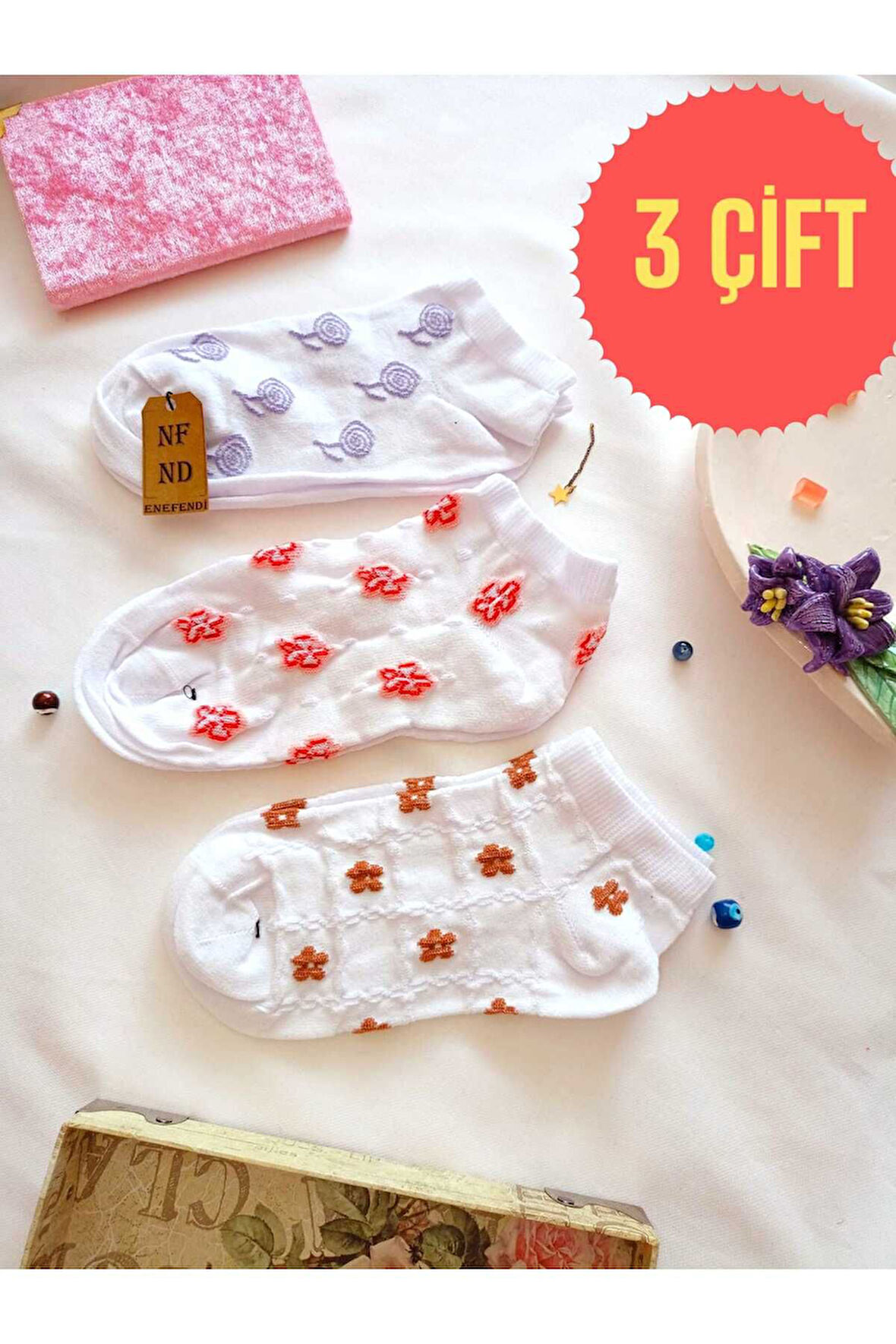 3 ÇİFT DİKİŞSİZ PATİK ÇORAP PAMUKLU KISA KONÇ DESENLİ KADIN ÇORABI 36-40 MOR KIRMIZI BEYAZ