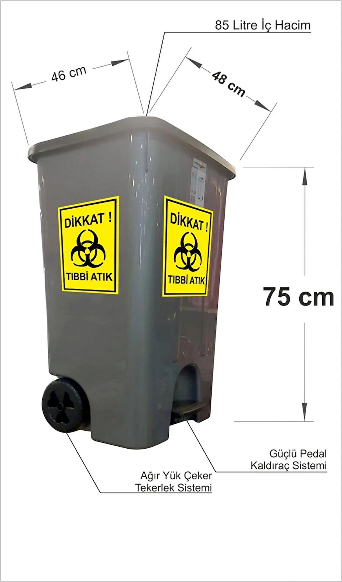 Büyük 85Lt Tekerlekli Saplı Hastane Klinik Revir Tıbbi Atık Sızdırmaz Kırılmaz Çöp Kovası Arabası