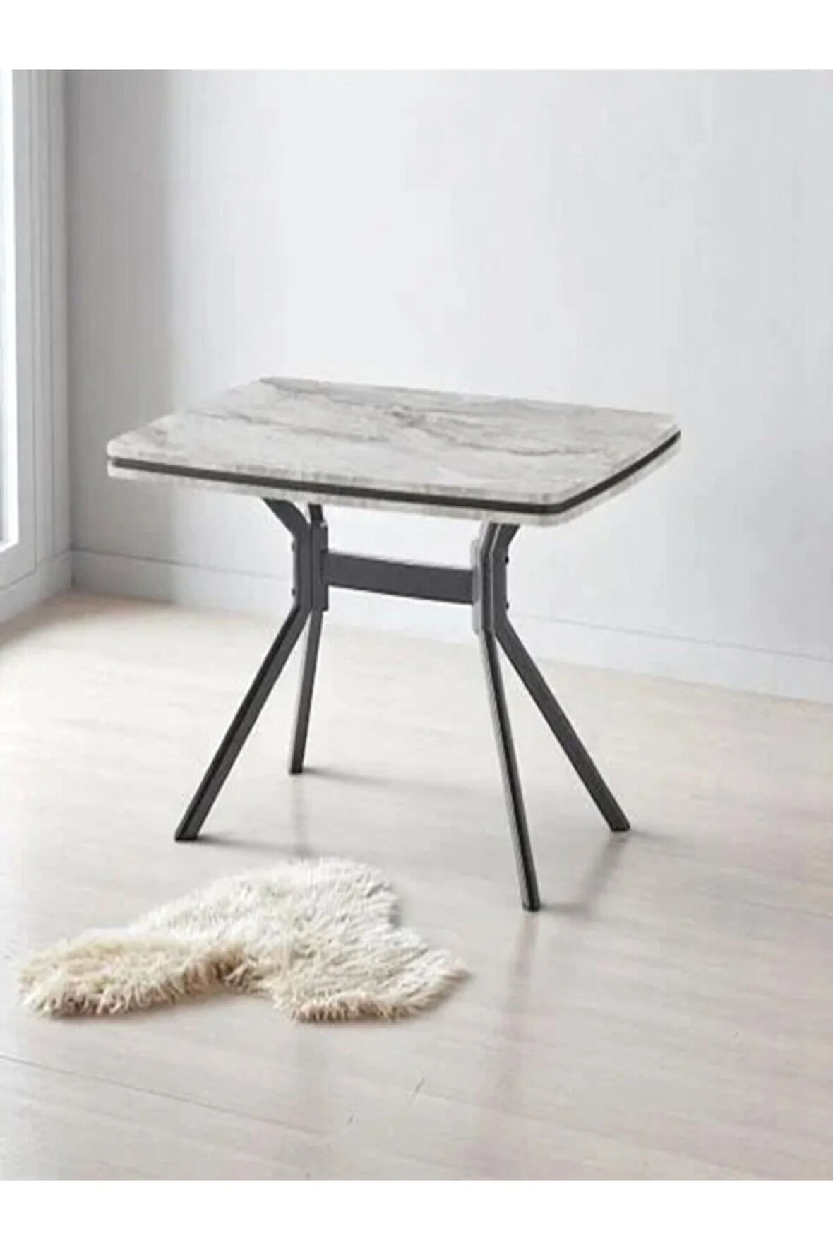 Koza Dikdörtgen Masa – Gri Mermer, Siyah Ayak, 80×120 cm (Sandalyesiz)