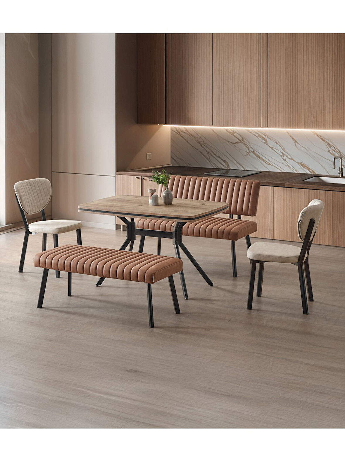 Koza Bank Yemek Masası Takımı – 80×120 cm Ceviz Desen, 2 Taba Bank, 2 Sandalyeli