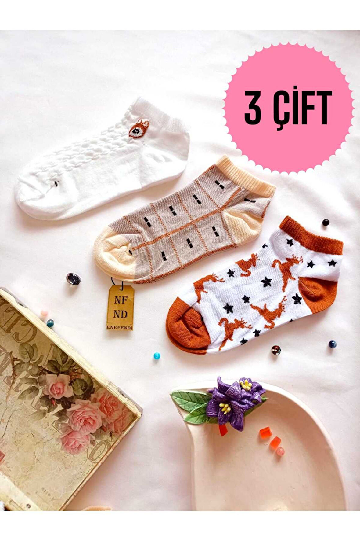 3 ÇİFT PAMUKLU PATİK ÇORAP BURUN DİKİŞSİZ KISA KONÇ DESENLİ KADIN ÇORABI 36-40 KREM BEYAZ