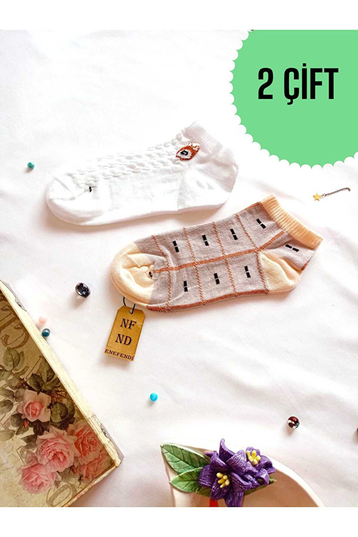 2 ÇİFT PATİK DİKİŞSİZ ÇORAP YUMUŞAK PAMUKLU KISA KONÇ DESENLİ KADIN ÇORABI 36-40 KAHVE KREM