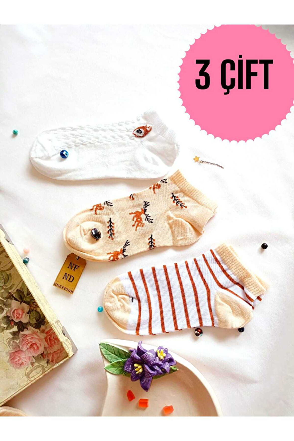 3 ÇİFT PATİK ÇORAP DİKİŞSİZ KADIN PAMUKLU KISA KONÇ DESENLİ ÇORABI 36-40 KREM KAHVE