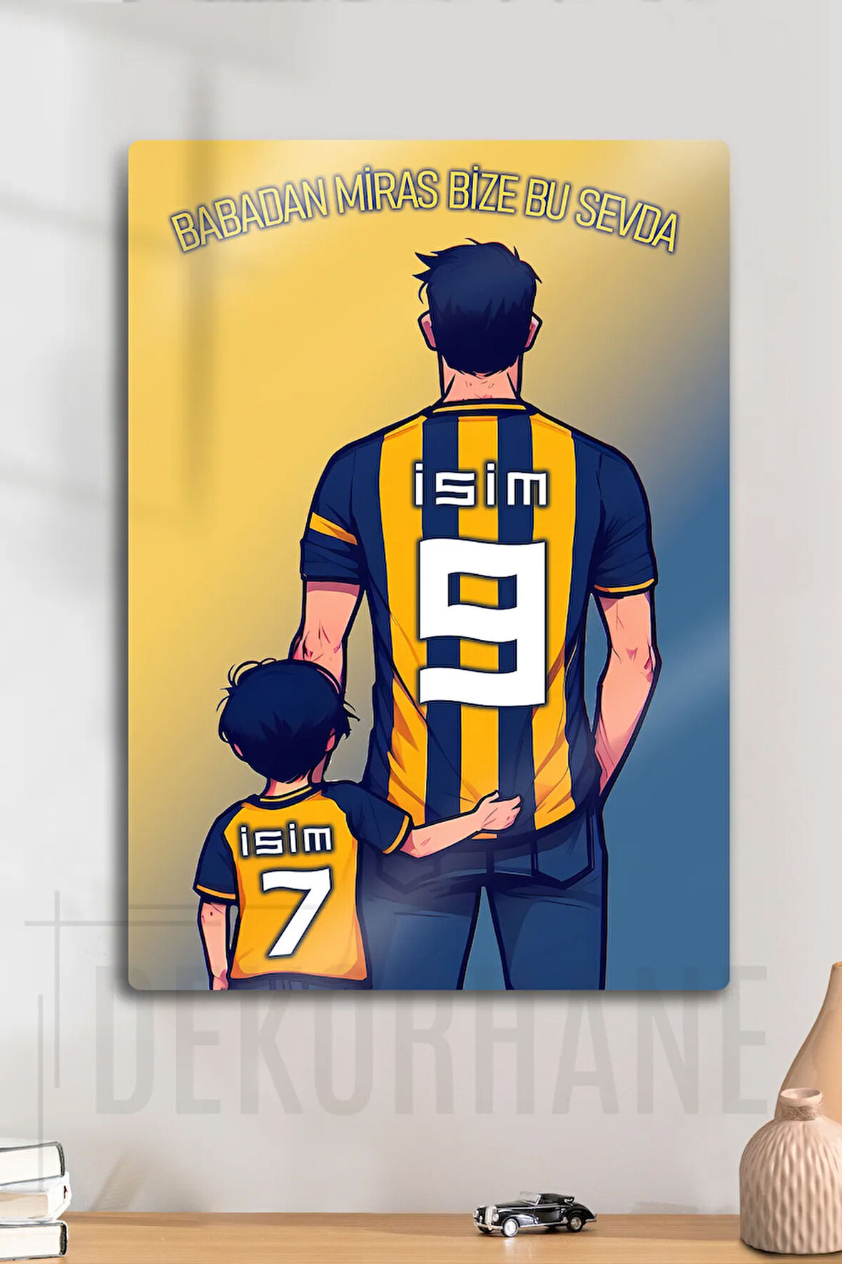 Metal Baskı - Kişiye Özel Taraftar Tablosu, Sarı Lacivert Baba Oğul Çocuk, İsim Yazdırmalı
