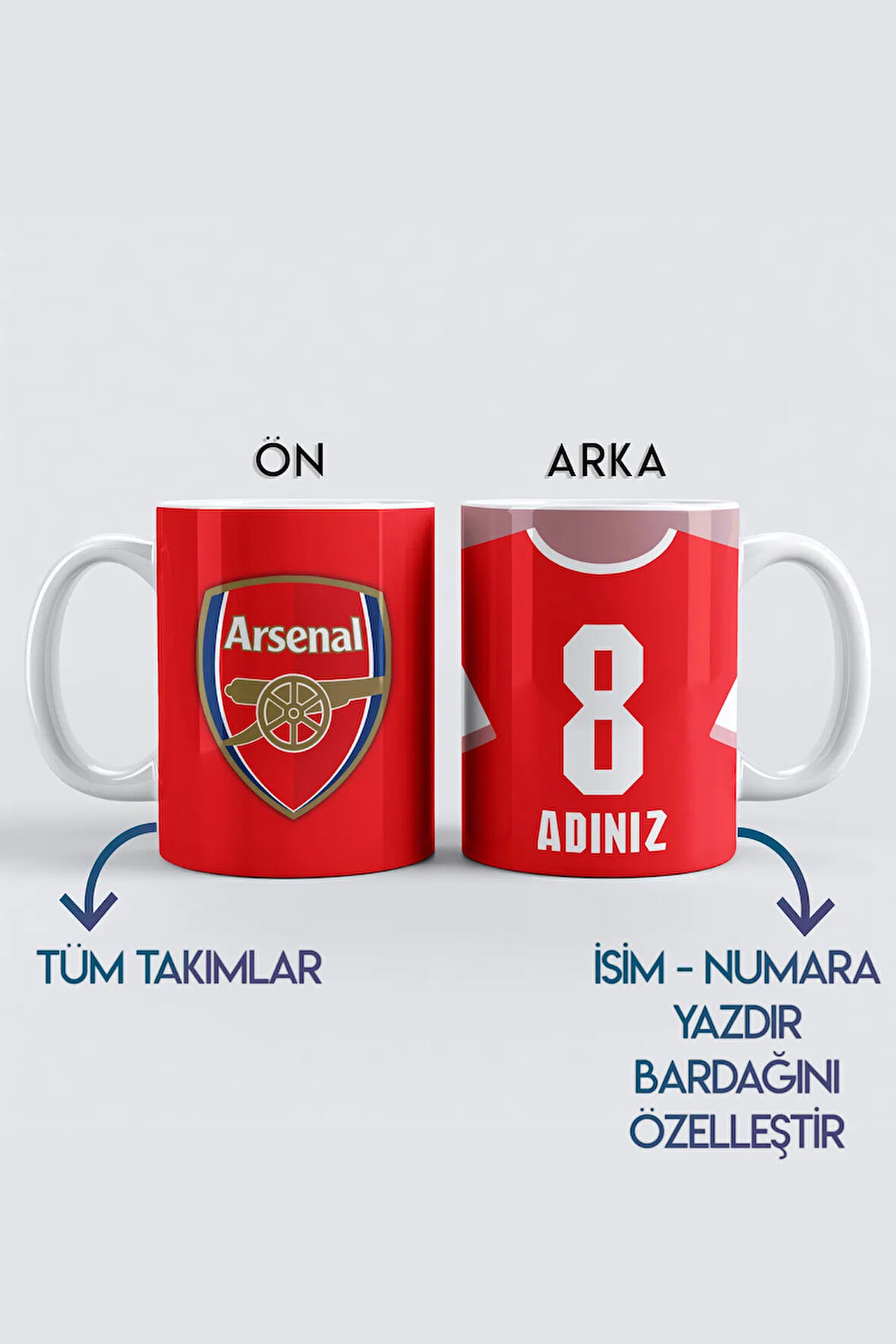 Numara İsim Yazdırma, Arsenal, Premier Lig Futbol Temalı, Porselen Kupa Bardak