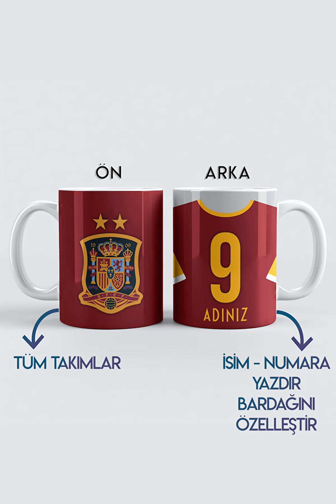 Kişiye Özel Spain, İspanya Futbol Taraftar Baskılı Kupa Bardak, Tüm Takımlar