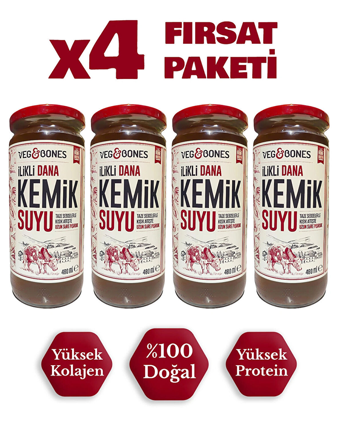 İlikli Dana Kemik Suyu Yüksek Kolajen ve Protein Deposu 4’lü Paket