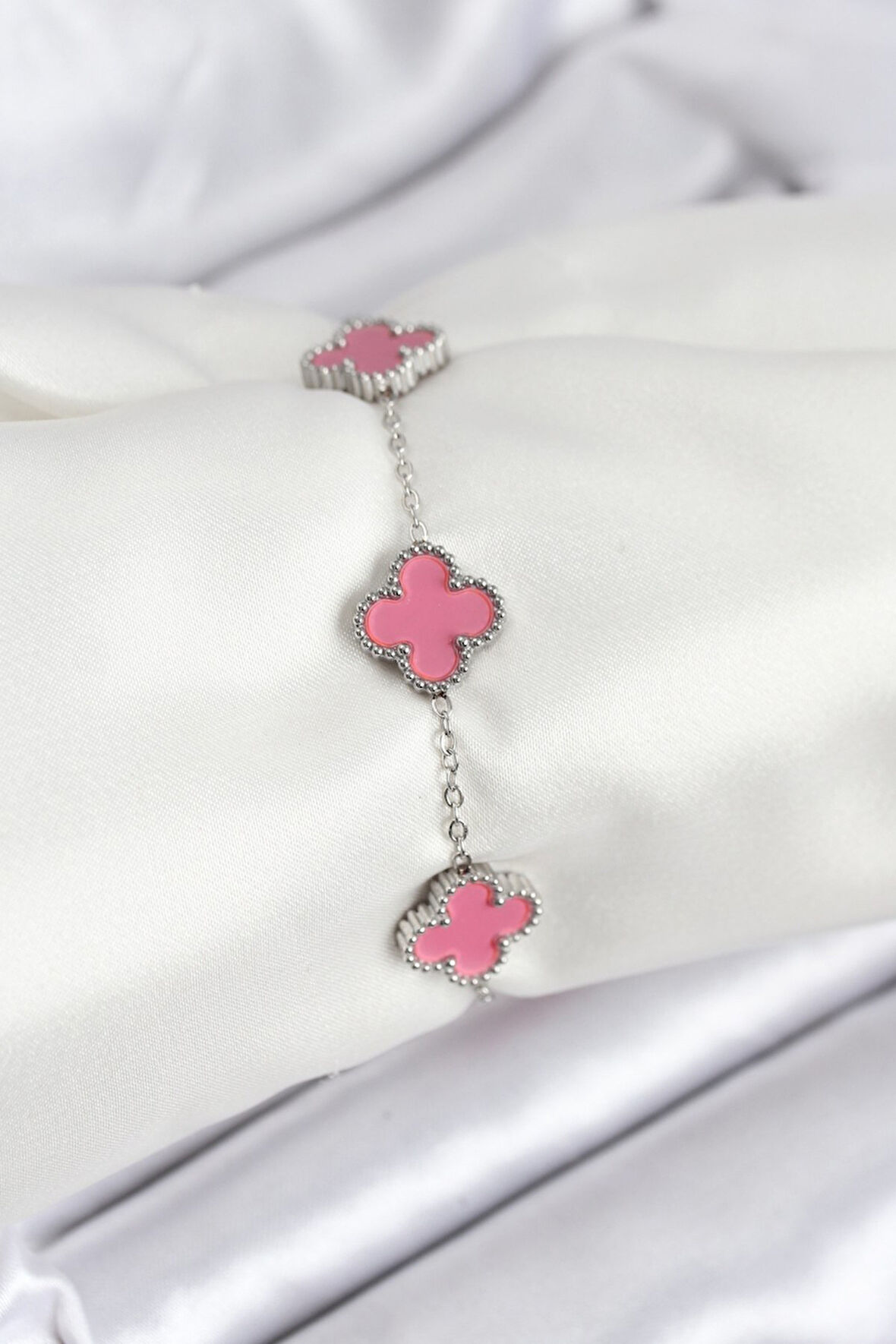 316L Çelik Gümüş Zincir Pembe Renk Yonca Bileklik - TJ-BB7909