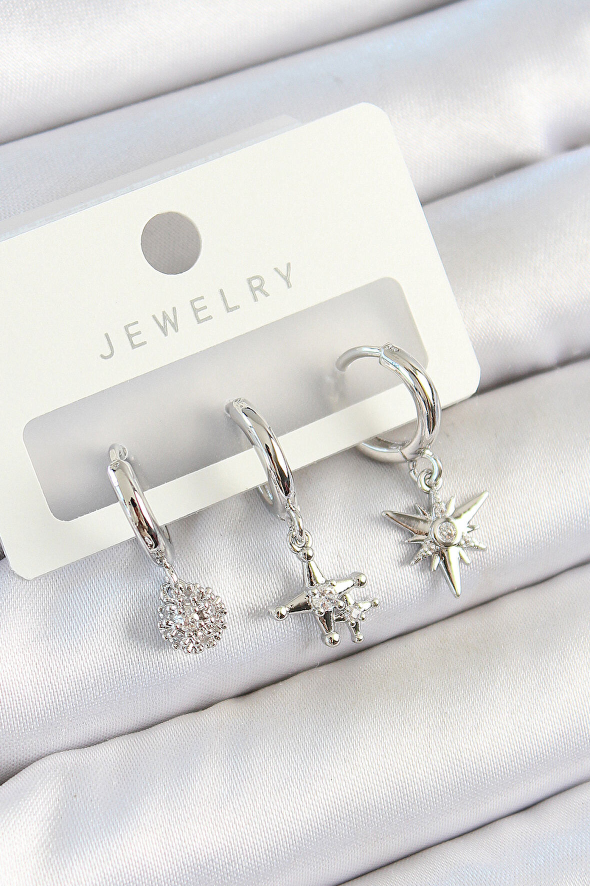 Pirinç Zirkon Taşlı Kutup Yıldızı Model Gümüş Renk 3'lü Çift Kadın Küpe Set - TJ-BKP10807