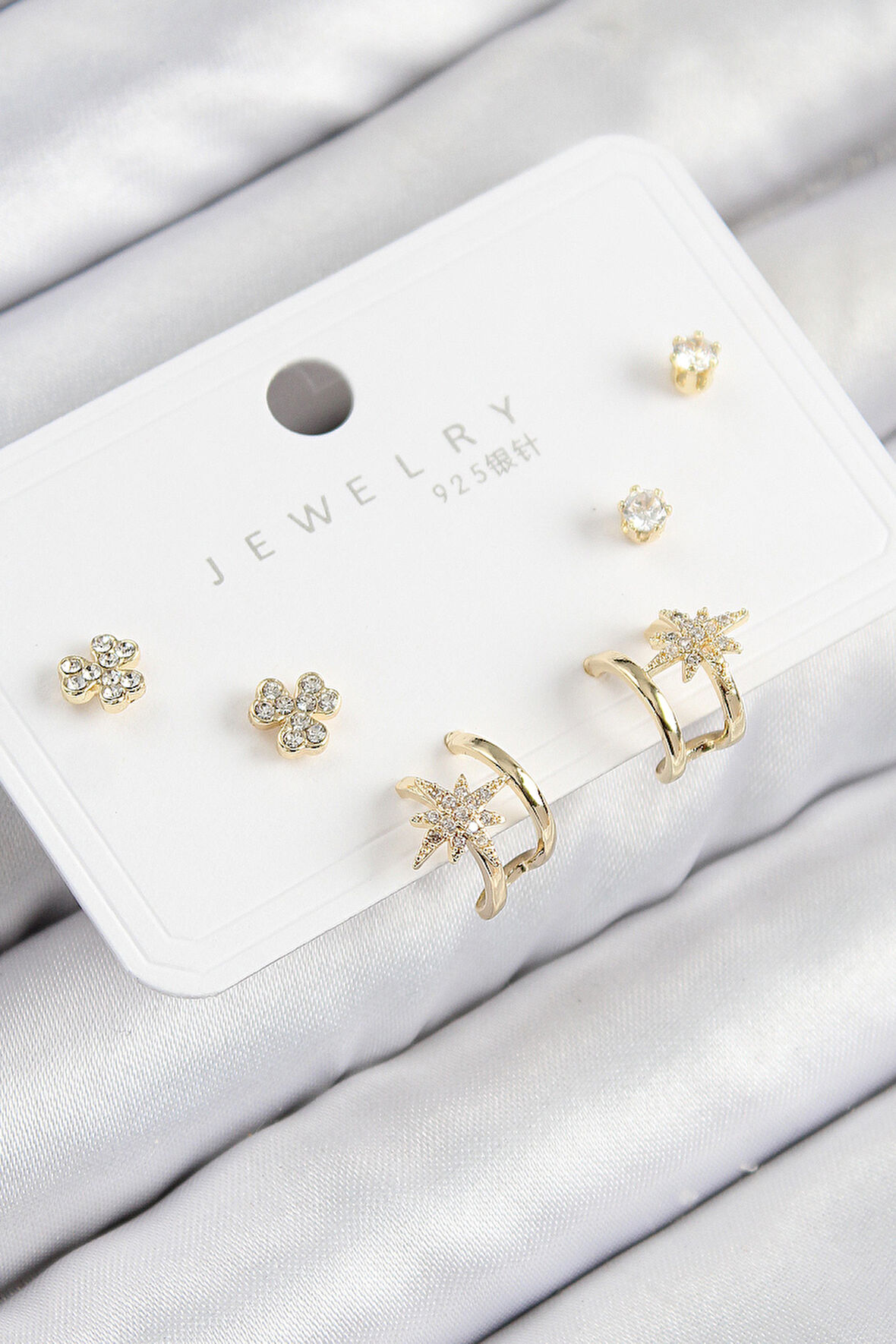 Pirinç Zirkon Taşlı Kutup Yıldızı Model Gold Renk 925 Ayar Gümüş Çivi Kadın Küpe Set - TJ-BKP11168