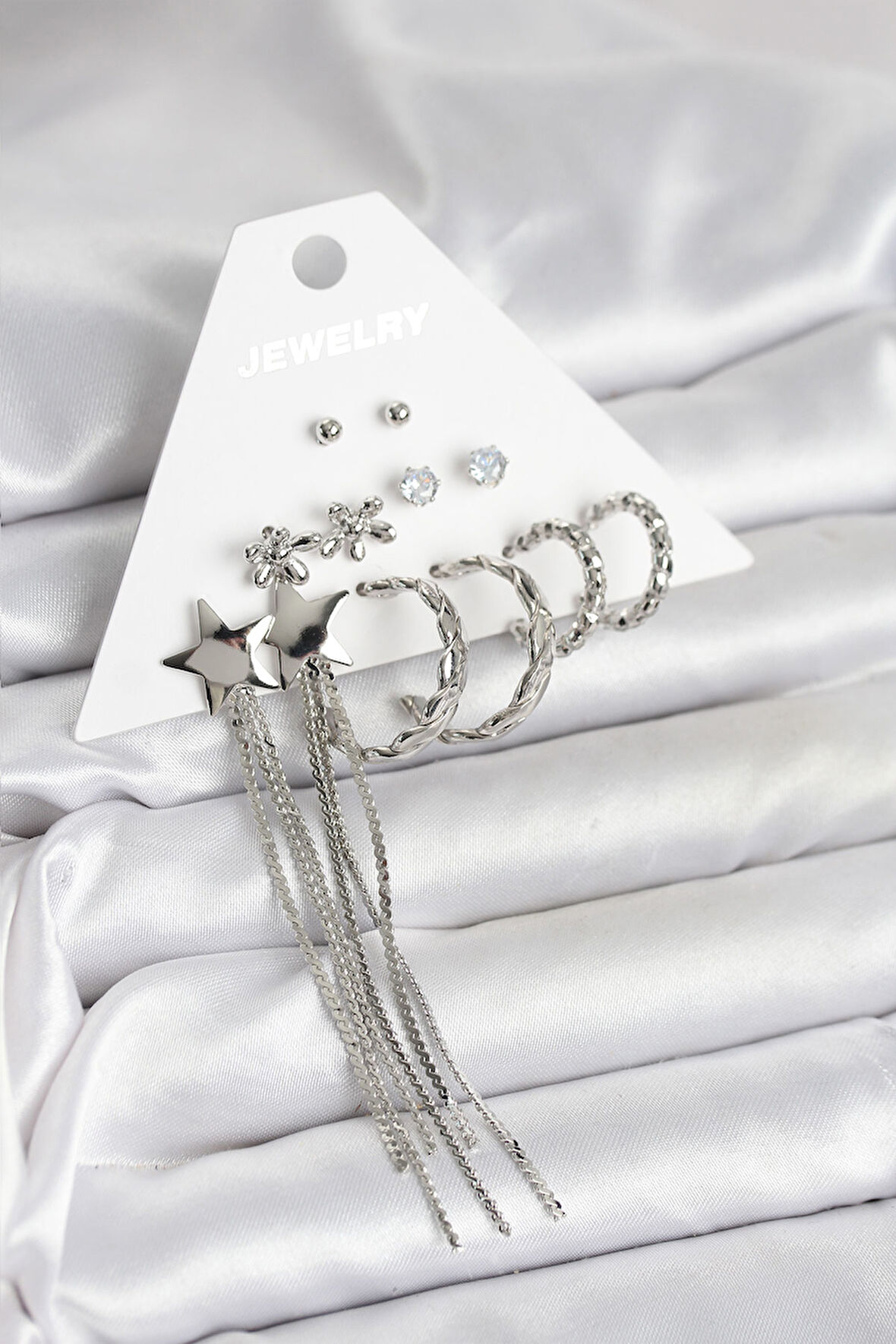 Gümüş Renk Pirinç 6 Çift Kadın Küpe Seti - TJ-BKP11338