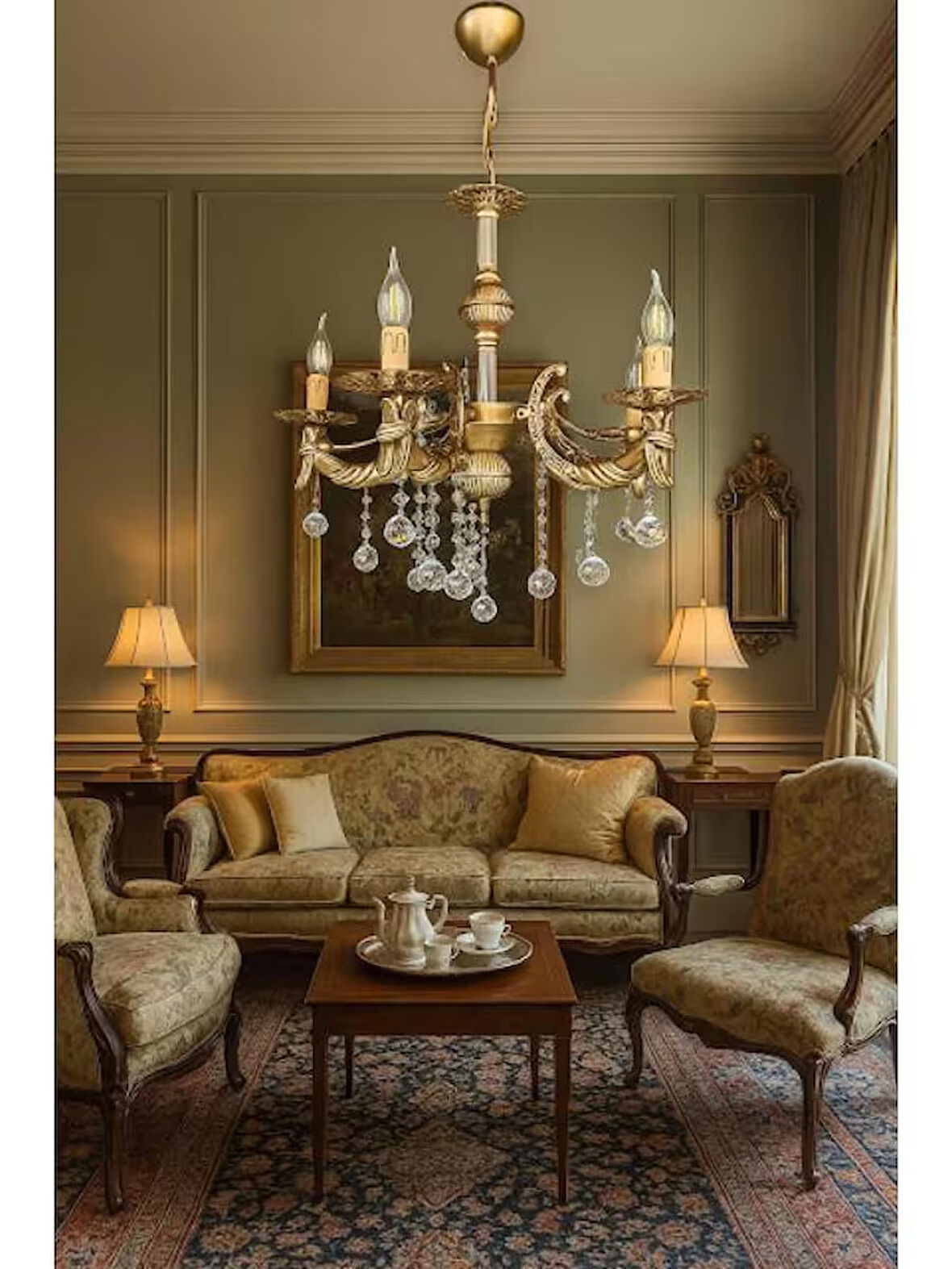 KRİSTAL TOP TAŞLI ZİNCİRLİ KOLLU ESKİTME KAPLAMALI METAL AVİZE