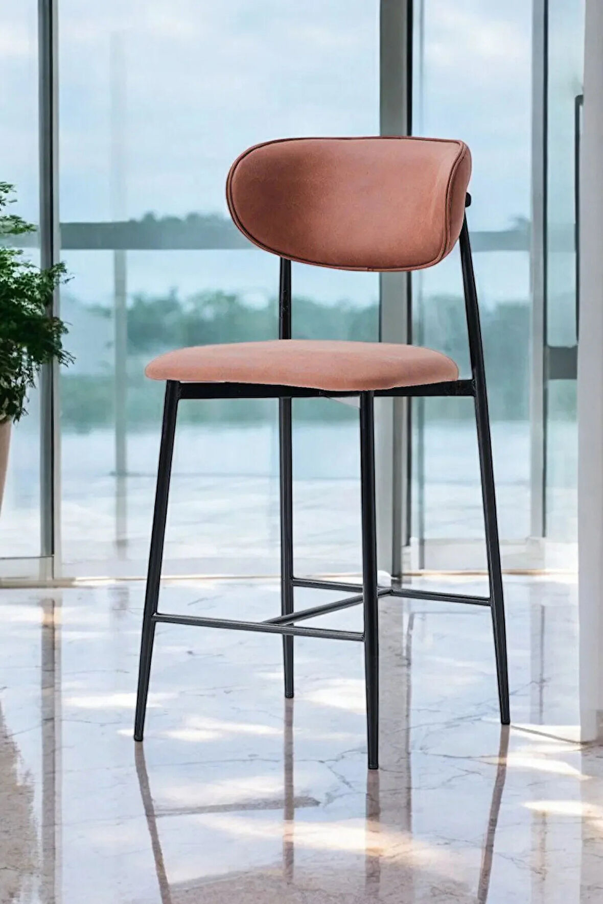 Laila 1 Adet 65 cm Ada Mutfak Bar Sandalyesi Kiremit Renkli Kumaş – Siyah Metal Ayak