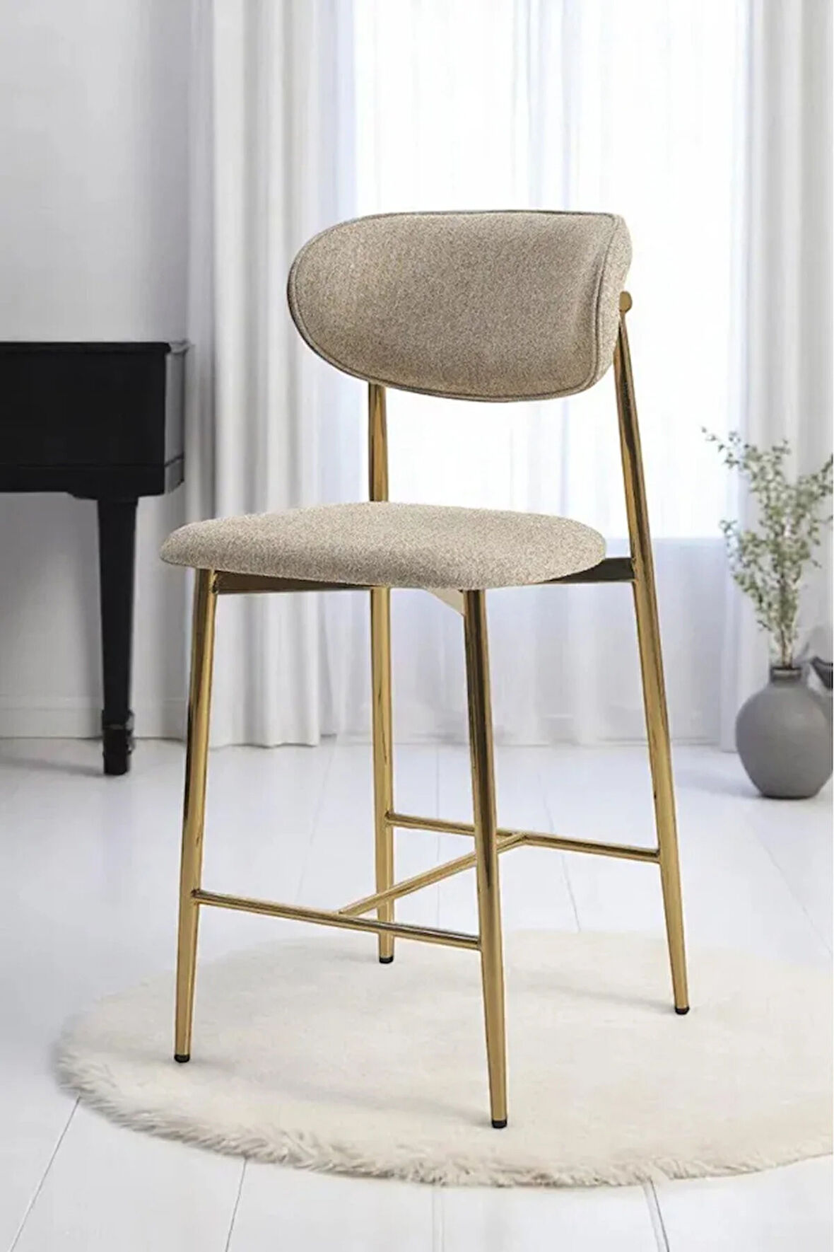 Laila 1 Adet 65 cm Ada Mutfak Bar Sandalyesi Krem Renkli Kumaş – Gold Metal Ayak