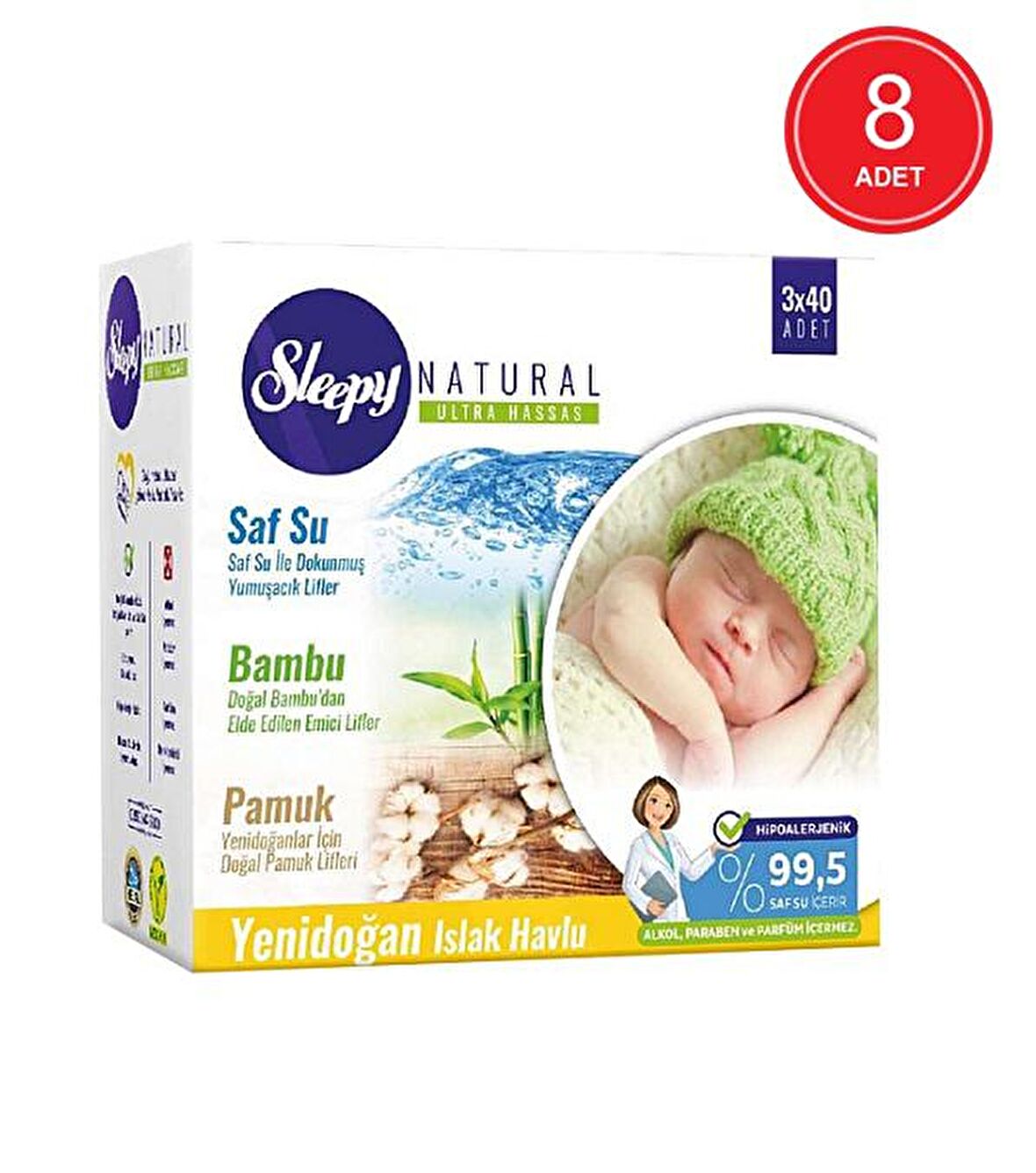 Sleepy Natural Yenidoğan Hipoalerjenik-Alkolsüz 24 x 40 Yaprak 24 Paket Islak Mendil