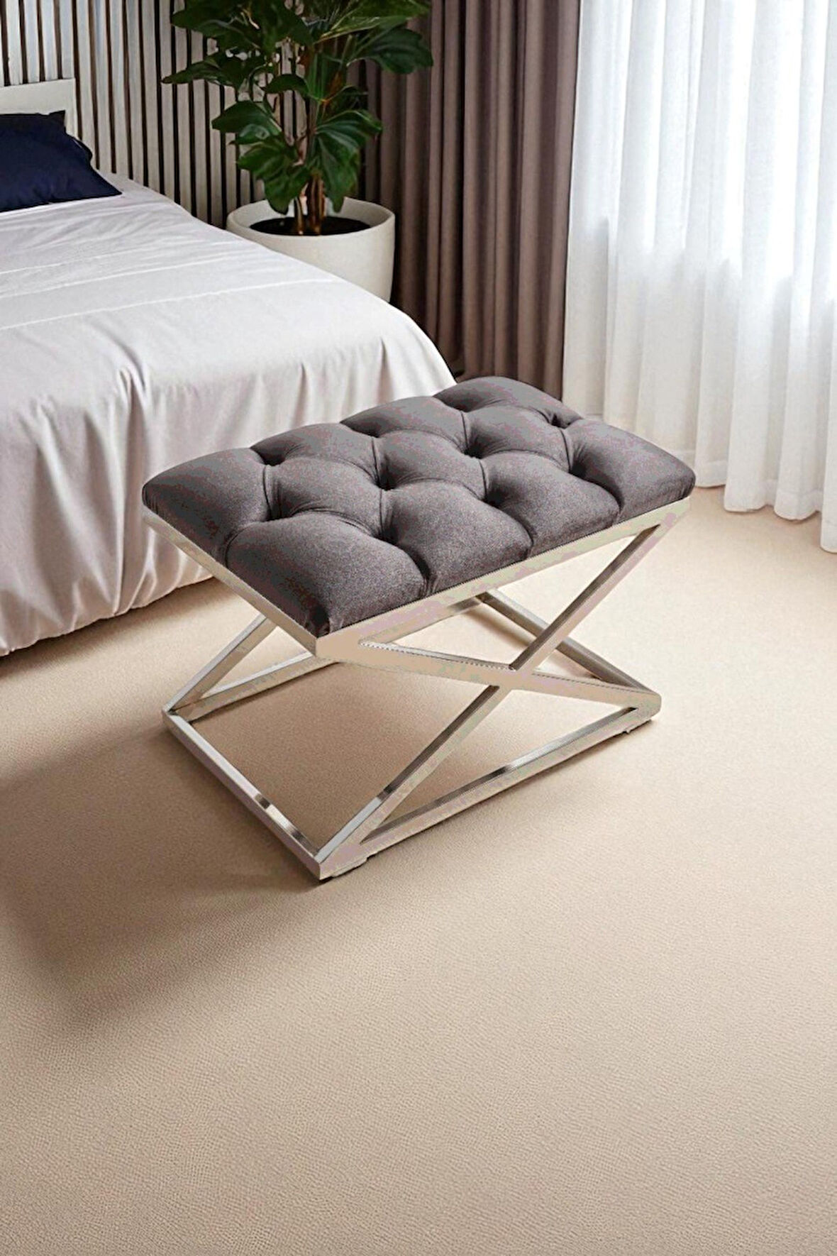 Delano X Bench Puf – 40 x 60 cm Krom Metal Ayaklı, Babyface Kumaş, 44 cm Yükseklik