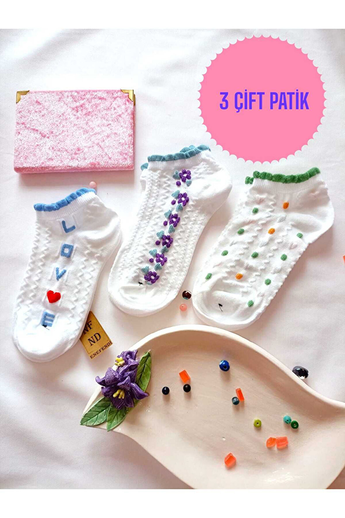 3 ÇİFT DİKİŞSİZ BURUN PATİK ÇORAP YUMUŞAK PAMUKLU KISA KONÇ DESENLİ KADIN 36-40