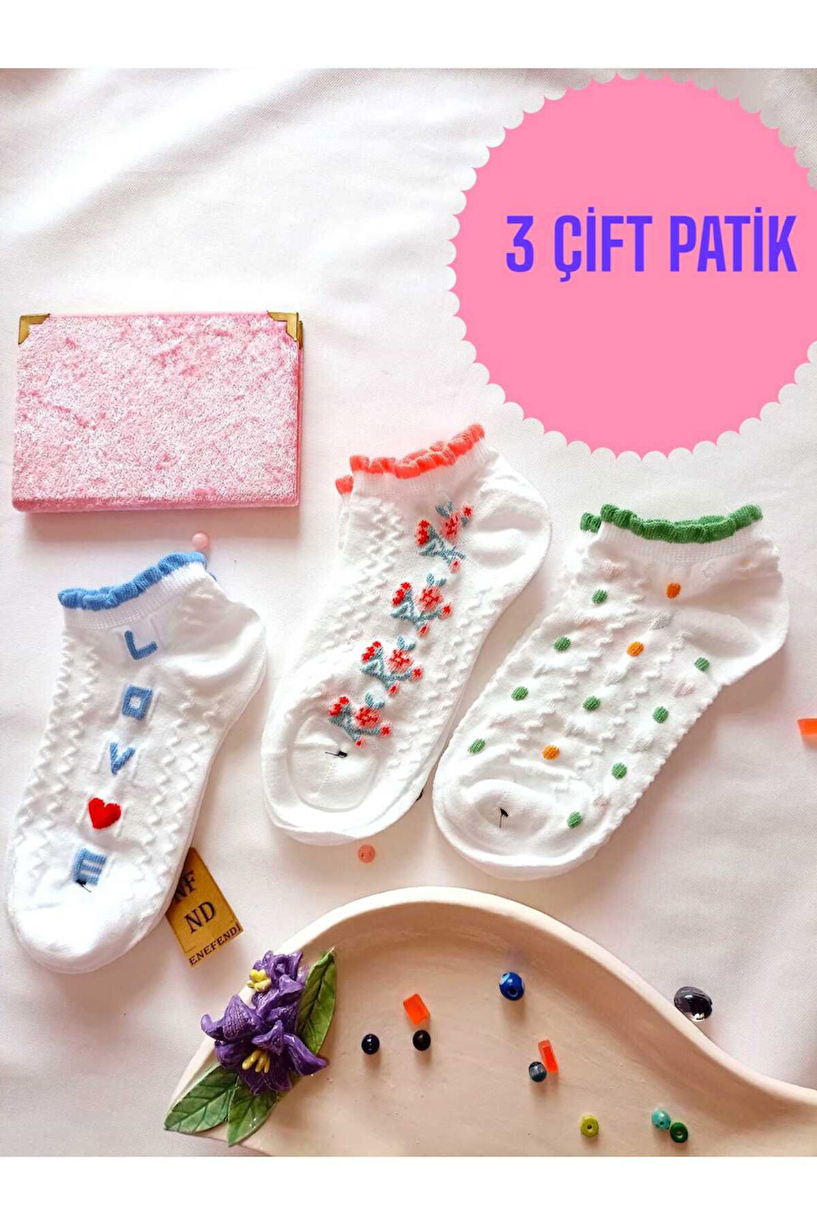 3 ÇİFT ÇORAP BURUN DİKİŞSİZ YUMUŞAK PAMUKLU KISA KONÇ DESENLİ KADIN PATİK 36-40