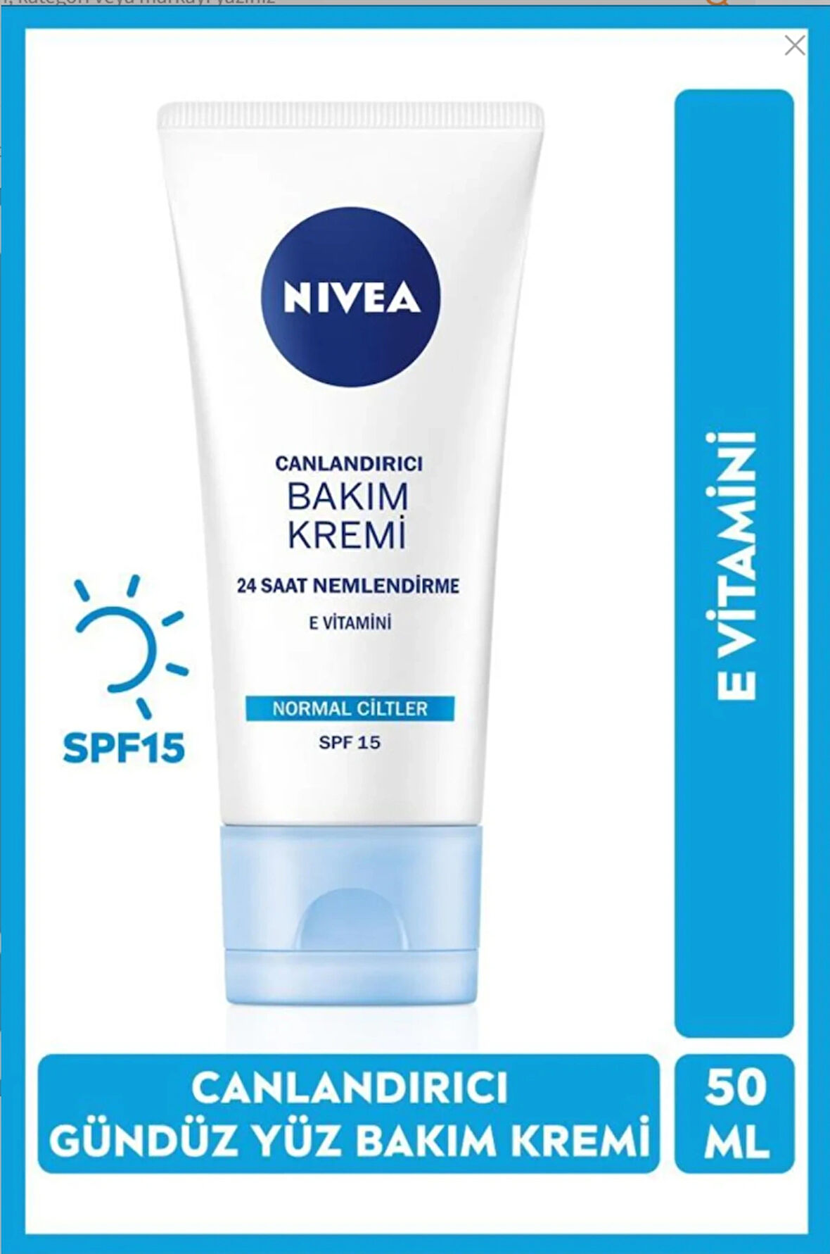 NIVEA Canlandırıcı Gündüz Yüz Bakım Kremi 50ml, SPF15, 24 Saat Nemlendirici, Normal Cilt, E Vitamini