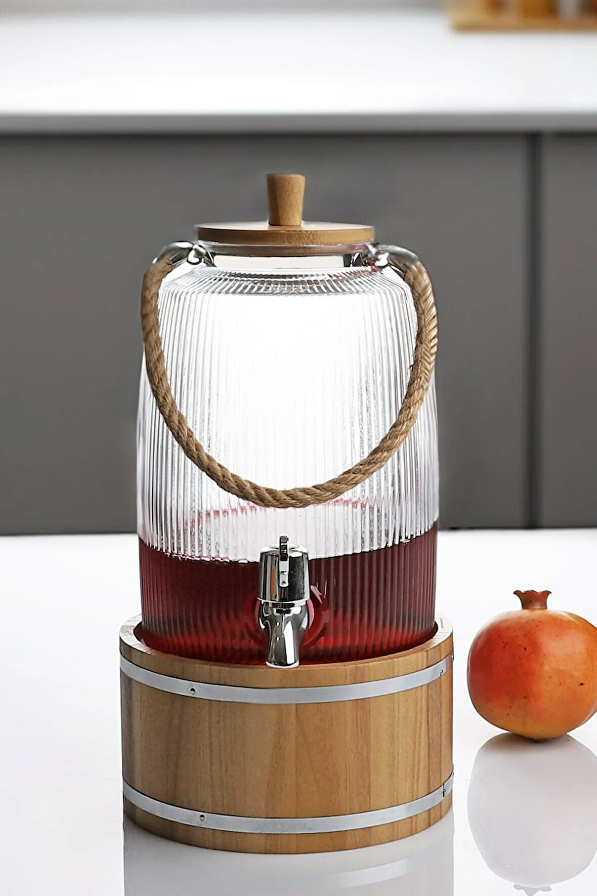 Bambu Kapaklı Halatlı Musluklu Çizgili Cam Sebil Lohusa Şerbetlik Küçük Boy 3 Litre