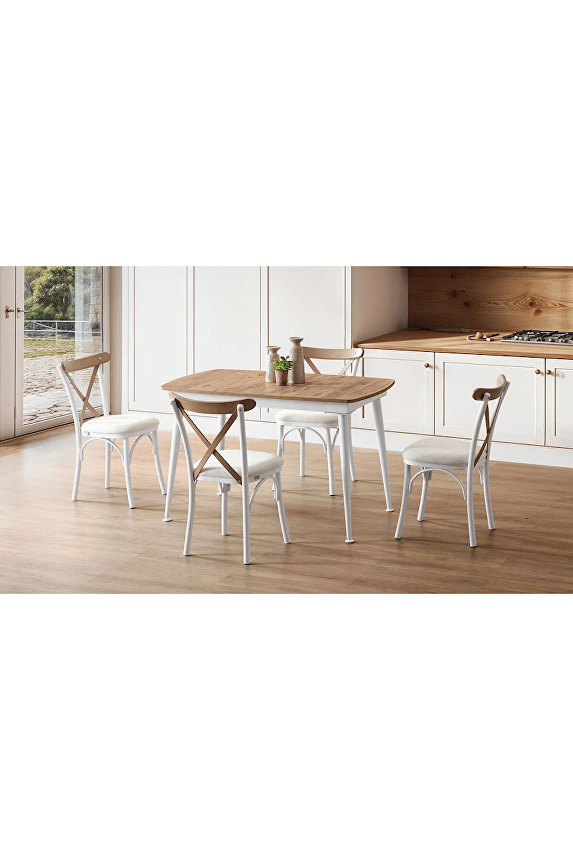 Milano’20 Açılır Masa Takımı – Ceviz Desen & Beyaz Ayak – 80×125 → 165 cm. 4 Sandalyeli