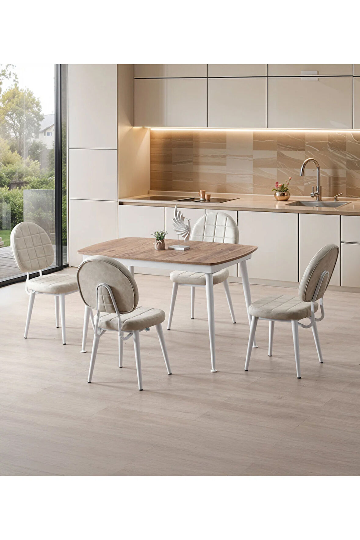 Milano’25 Açılır Masa Takımı – Ceviz Desen & Beyaz Ayak – 80×125 → 165 cm. 4 Sandalyeli