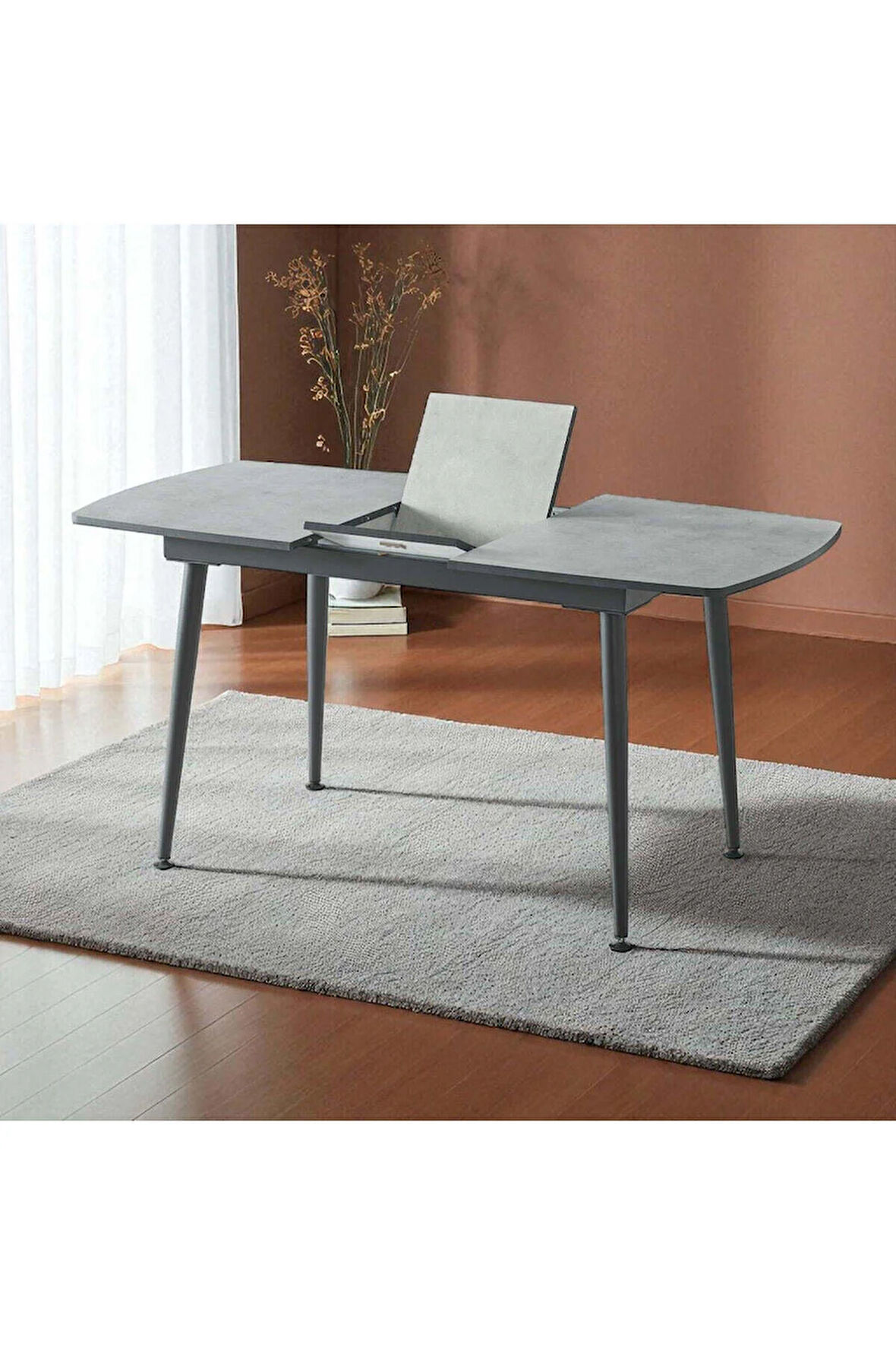 Milano Açılır Dikdörtgen Masa – Antrasit Gri, Siyah Ayak, 80×125 → 165 cm, 4–6 Kişilik (Sandalyesiz)