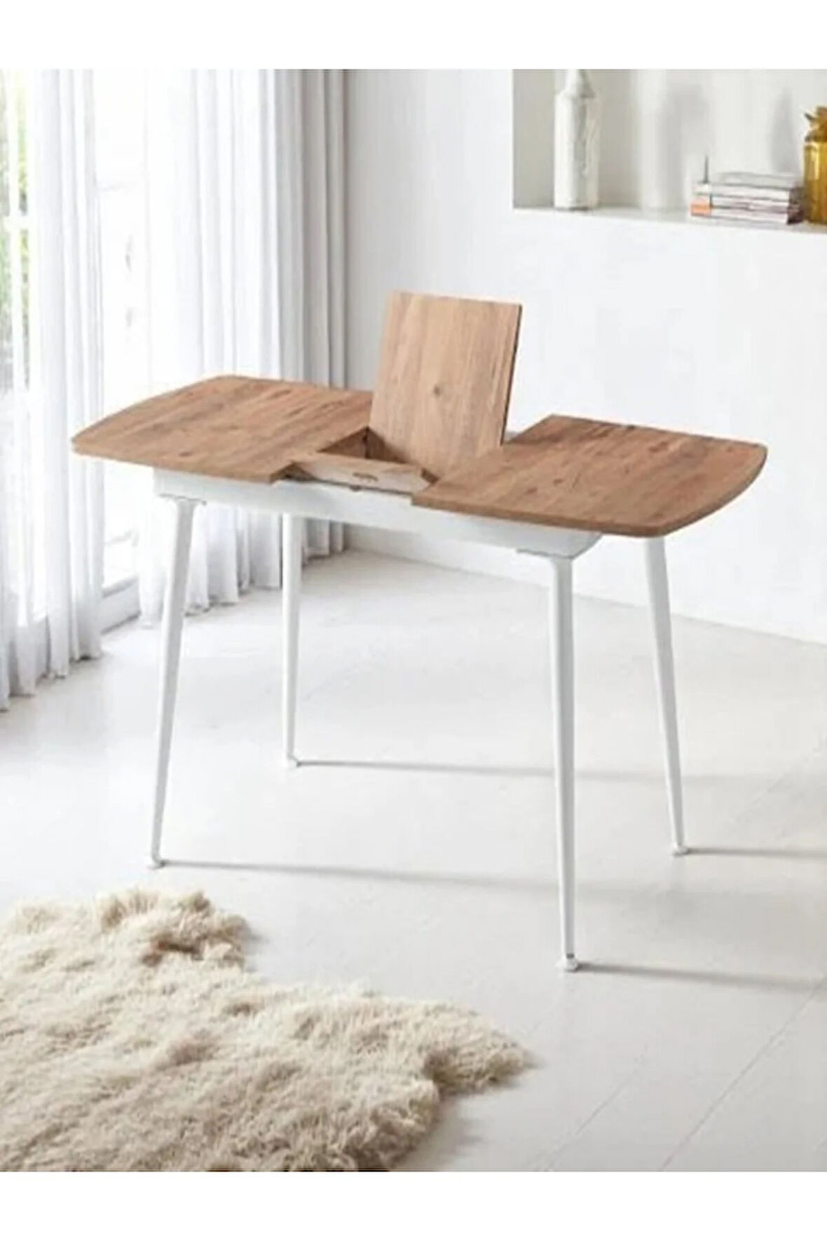 Milano Açılır Dikdörtgen Masa – Ceviz Desen, Beyaz Ayak, 80×125 → 165 cm, 4–6 Kişilik (Sandalyesiz)