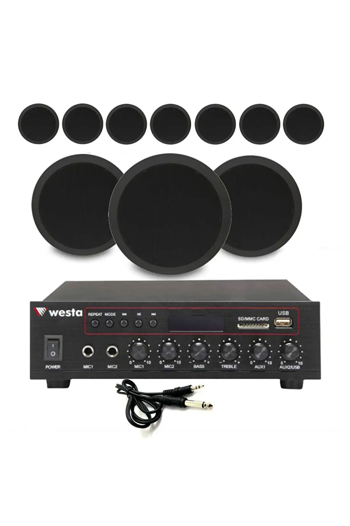 10’lu Siyah Tavan Hoparlorlu 100V Ses Sistemi Paketi | Kafe, Mağaza ve Ofis Müzik Sistemi