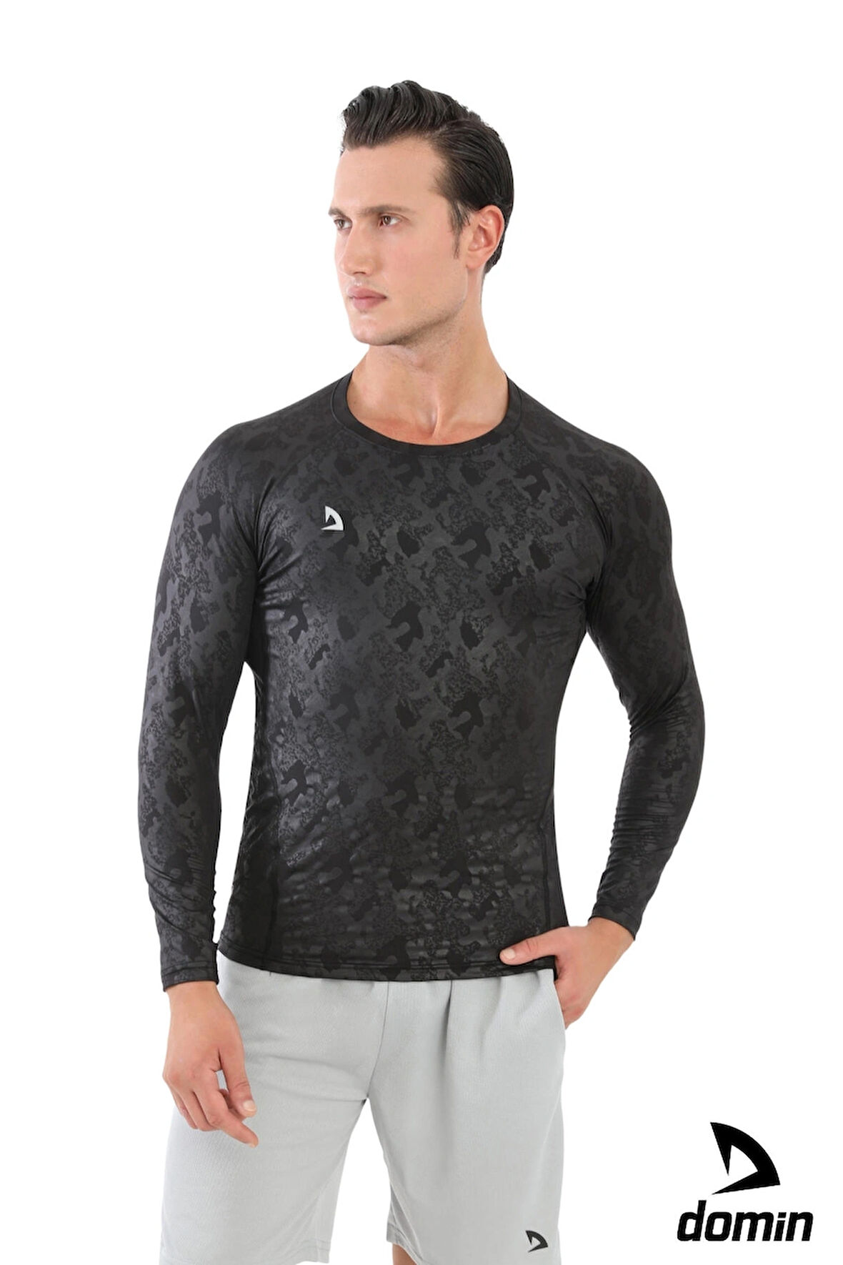  Erkek Siyah Uzun Kol Kamuflaj Desenli Compression Fitness Gym Body Tshirt