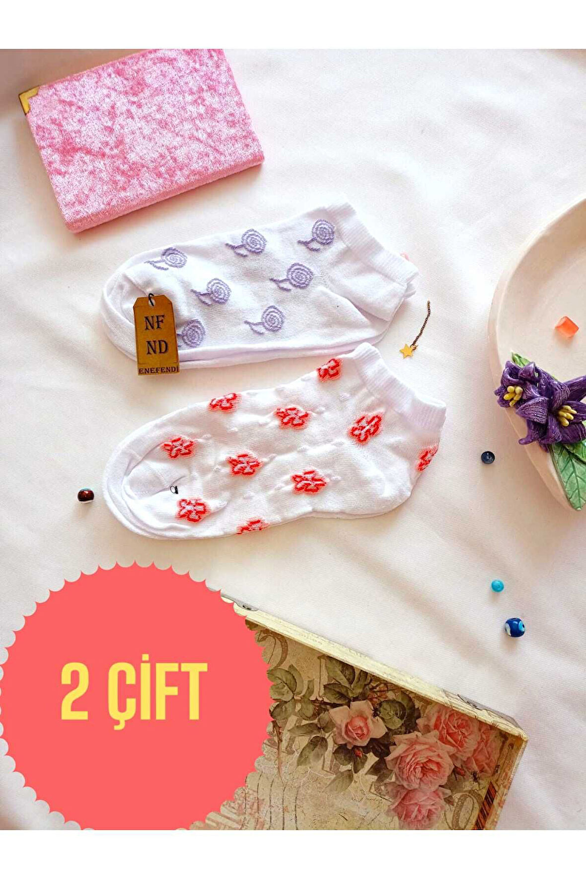 2 ÇİFT PATİK ÇORAP DİKİŞSİZ PAMUKLU KISA KONÇ DESENLİ KADIN ÇORABI 36-40 BEYAZ MOR KIRMIZI